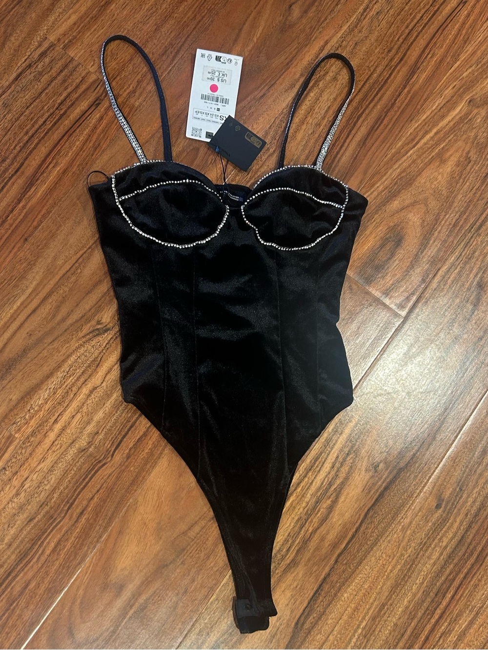 Nwt Zara velour rhinestone thong bodysuit size XS